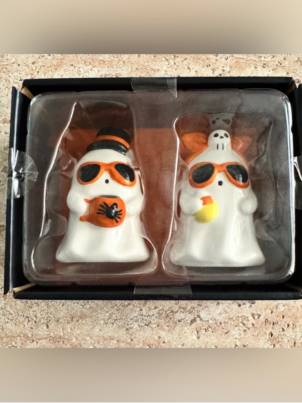 Halloween NIP Ghost Salt and Pepper Shaker Set - Orange and White